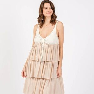 Elegant Cream and Tan Crochet Tiered Babydoll Midi Dress NWT 185.00